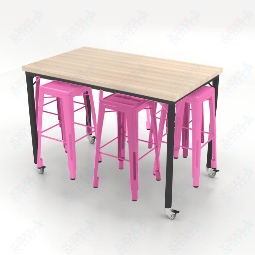 CEF Brainstorm Workbench 42"H with Butcher Block Top and Steel Frame, 6 Magnetic Metal Stools Included, for 6th Grade and Up - SchoolOutlet