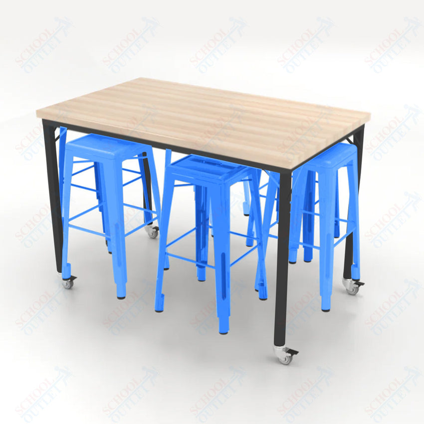 CEF Brainstorm Workbench 42"H with Butcher Block Top and Steel Frame, 6 Magnetic Metal Stools Included, for 6th Grade and Up - SchoolOutlet