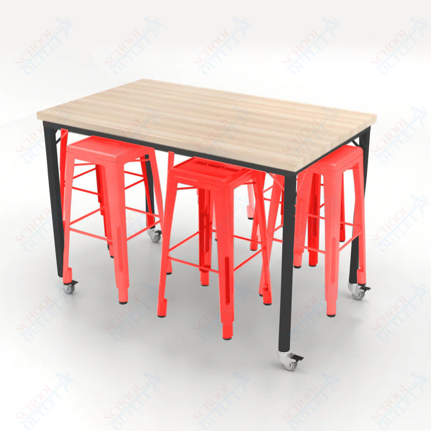 CEF Brainstorm Workbench 42"H with Butcher Block Top and Steel Frame, 6 Magnetic Metal Stools Included, for 6th Grade and Up - SchoolOutlet
