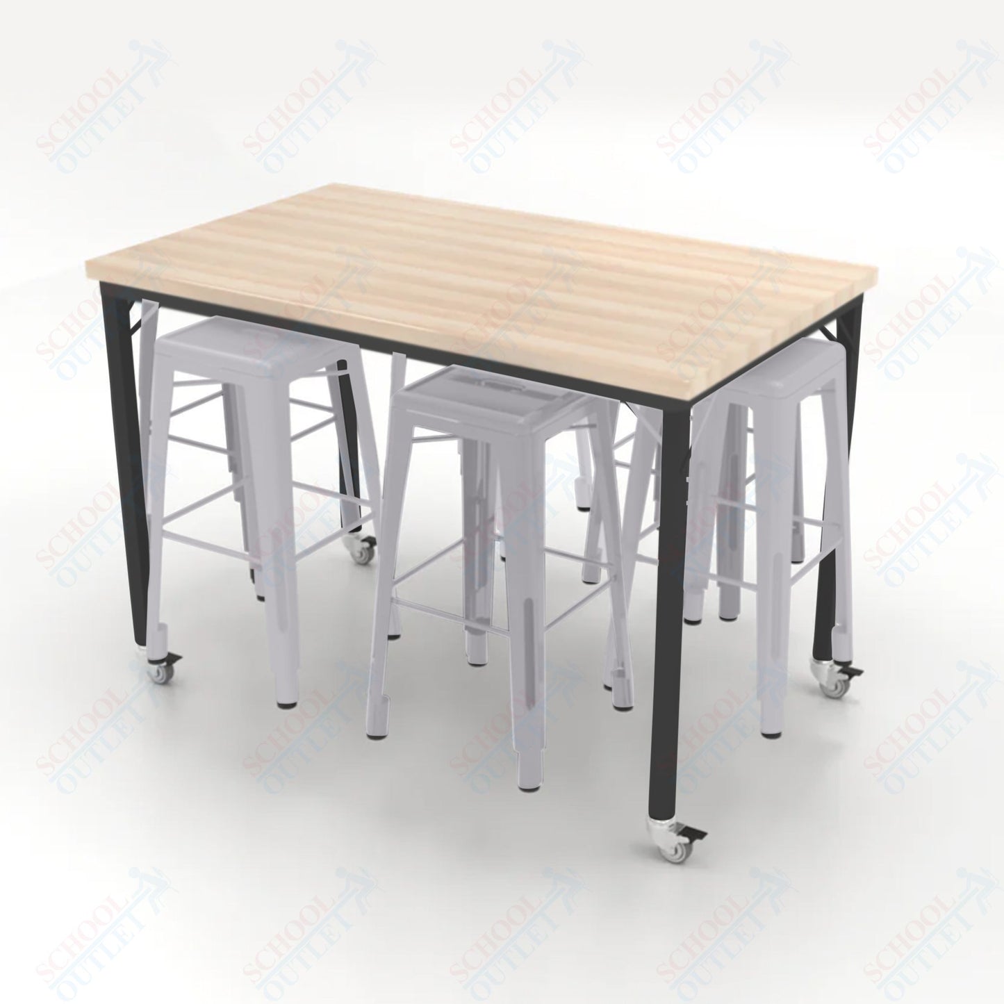 CEF Brainstorm Workbench 42"H with Butcher Block Top and Steel Frame, 6 Magnetic Metal Stools Included, for 6th Grade and Up - SchoolOutlet