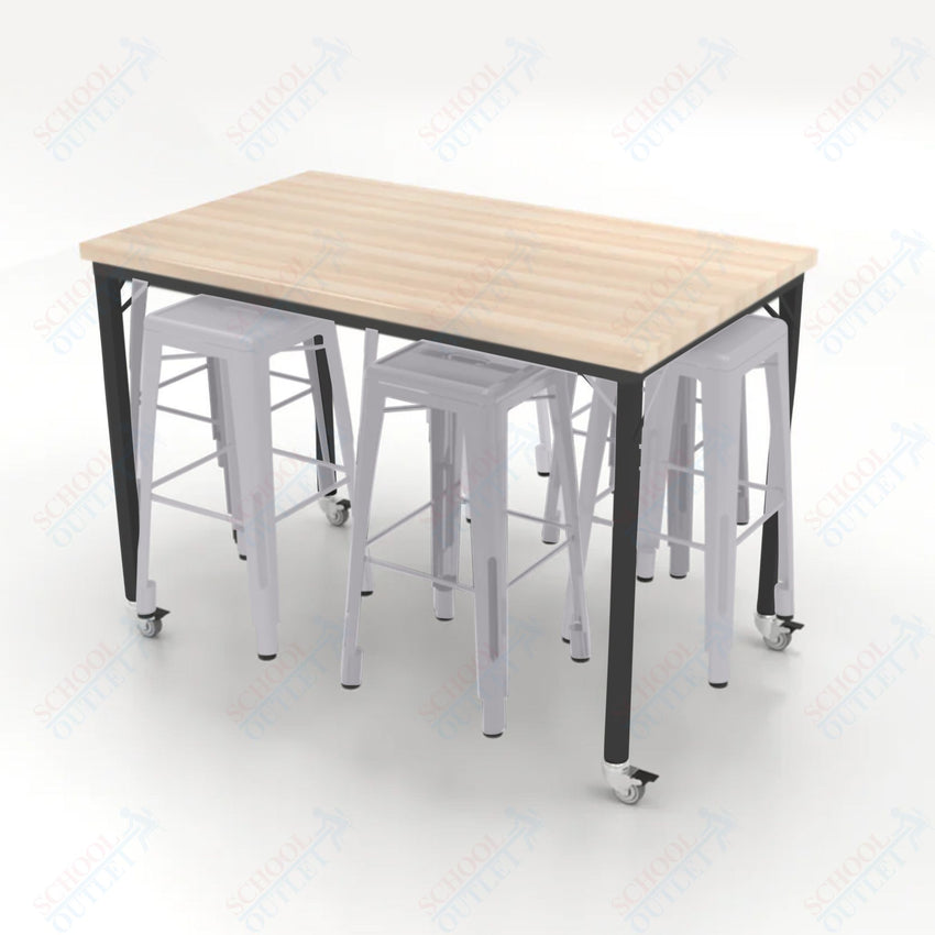CEF Brainstorm Workbench 42"H with Butcher Block Top and Steel Frame, 6 Magnetic Metal Stools Included, for 6th Grade and Up - SchoolOutlet