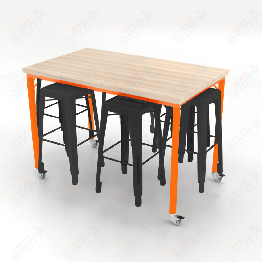 CEF Brainstorm Workbench 42"H with Butcher Block Top and Steel Frame, 6 Magnetic Metal Stools Included, for 6th Grade and Up - SchoolOutlet