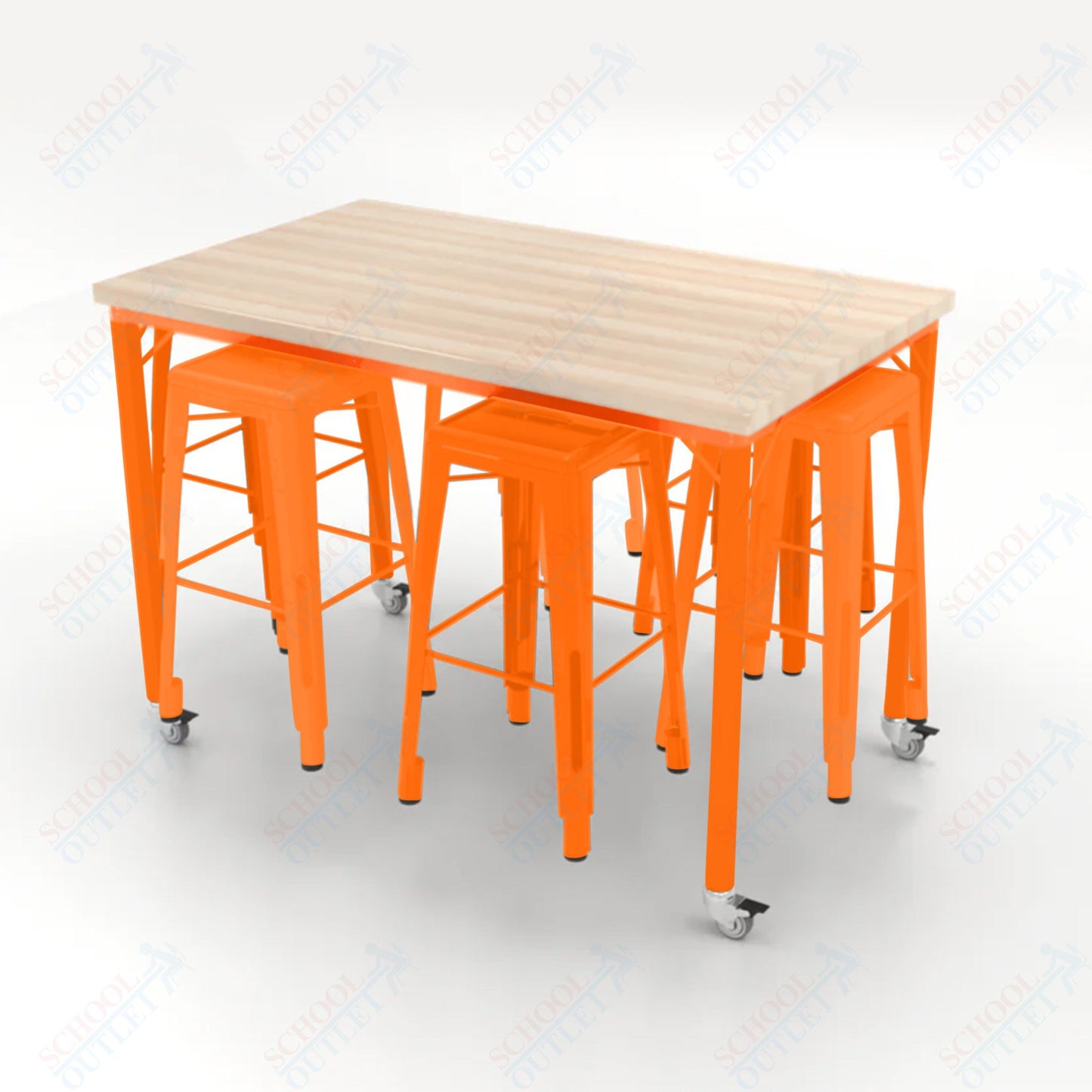 CEF Brainstorm Workbench 42"H with Butcher Block Top and Steel Frame, 6 Magnetic Metal Stools Included, for 6th Grade and Up - SchoolOutlet