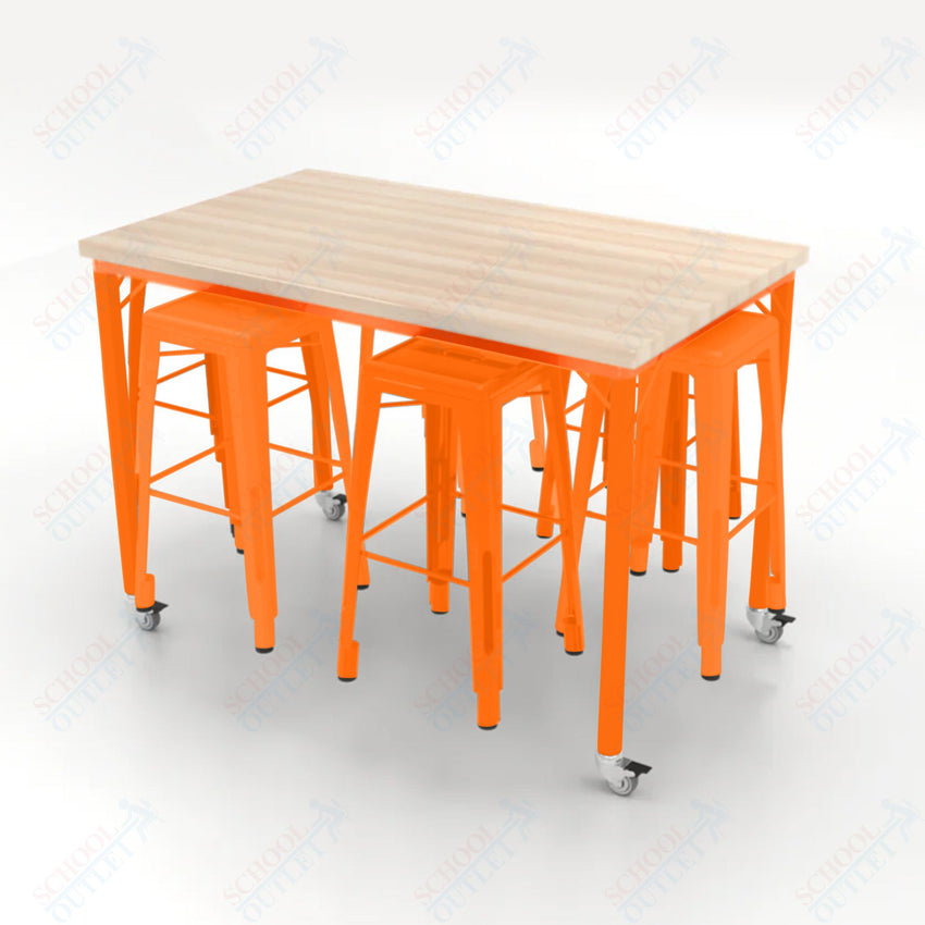 CEF Brainstorm Workbench 42"H with Butcher Block Top and Steel Frame, 6 Magnetic Metal Stools Included, for 6th Grade and Up - SchoolOutlet