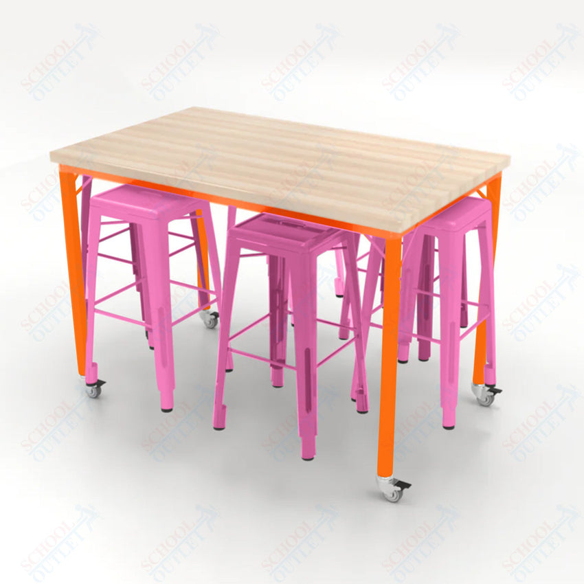 CEF Brainstorm Workbench 42"H with Butcher Block Top and Steel Frame, 6 Magnetic Metal Stools Included, for 6th Grade and Up - SchoolOutlet