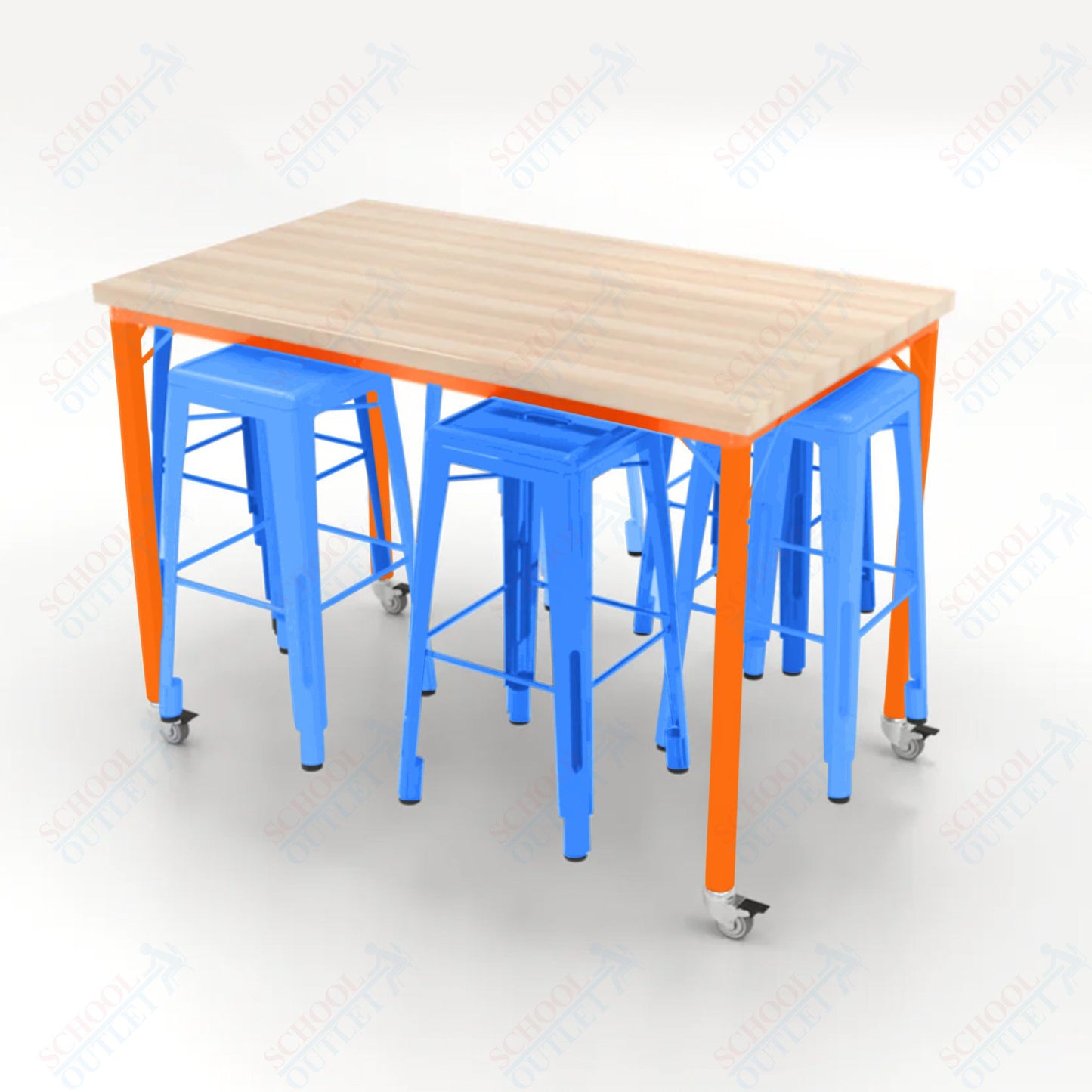 CEF Brainstorm Workbench 42"H with Butcher Block Top and Steel Frame, 6 Magnetic Metal Stools Included, for 6th Grade and Up - SchoolOutlet