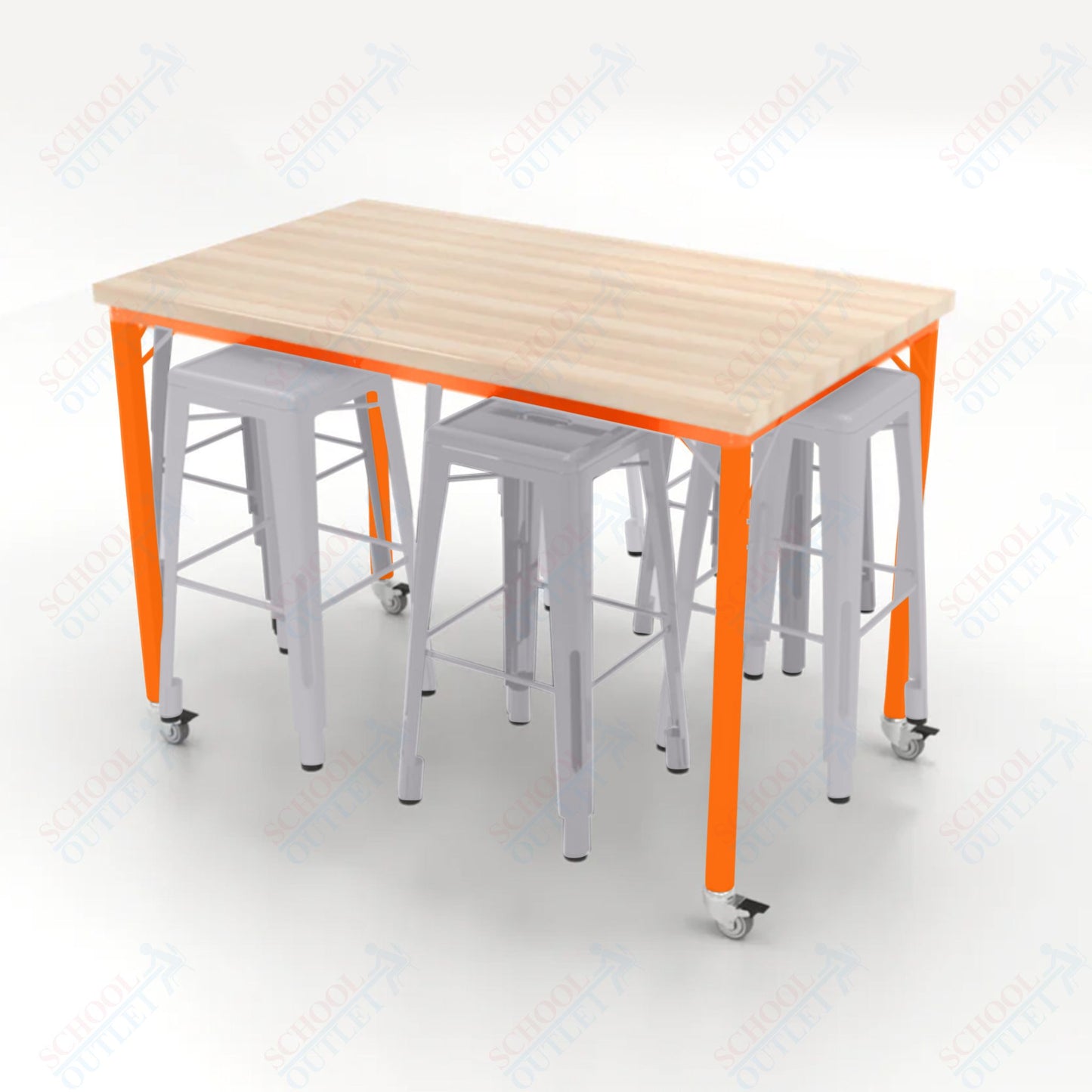 CEF Brainstorm Workbench 42"H with Butcher Block Top and Steel Frame, 6 Magnetic Metal Stools Included, for 6th Grade and Up - SchoolOutlet