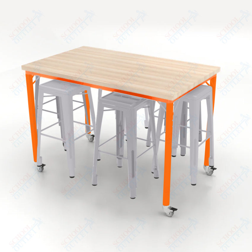 CEF Brainstorm Workbench 42"H with Butcher Block Top and Steel Frame, 6 Magnetic Metal Stools Included, for 6th Grade and Up - SchoolOutlet