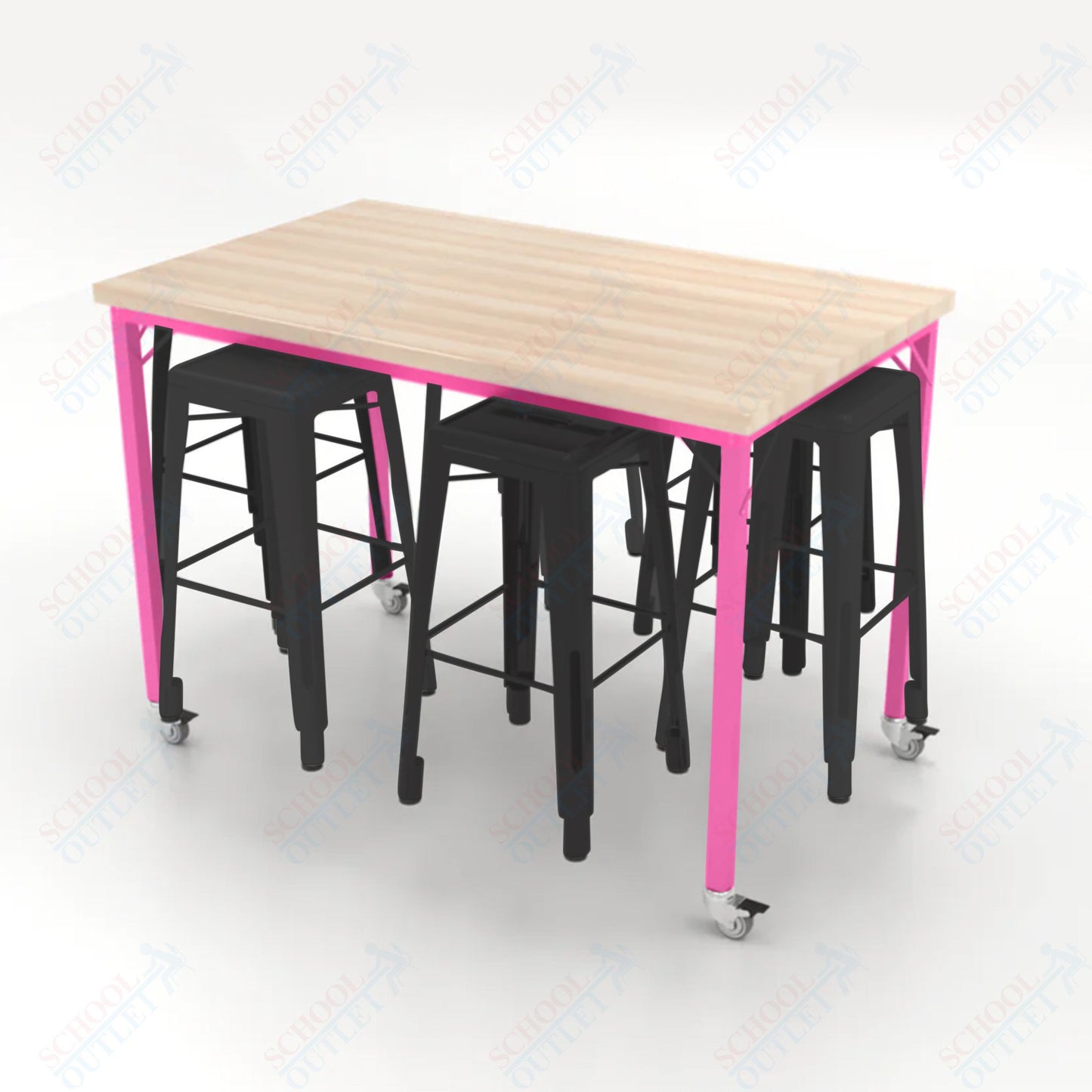 CEF Brainstorm Workbench 42"H with Butcher Block Top and Steel Frame, 6 Magnetic Metal Stools Included, for 6th Grade and Up - SchoolOutlet