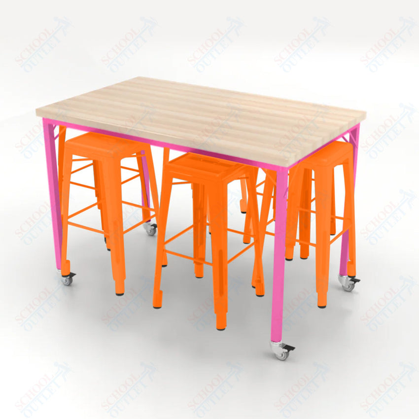 CEF Brainstorm Workbench 42"H with Butcher Block Top and Steel Frame, 6 Magnetic Metal Stools Included, for 6th Grade and Up - SchoolOutlet