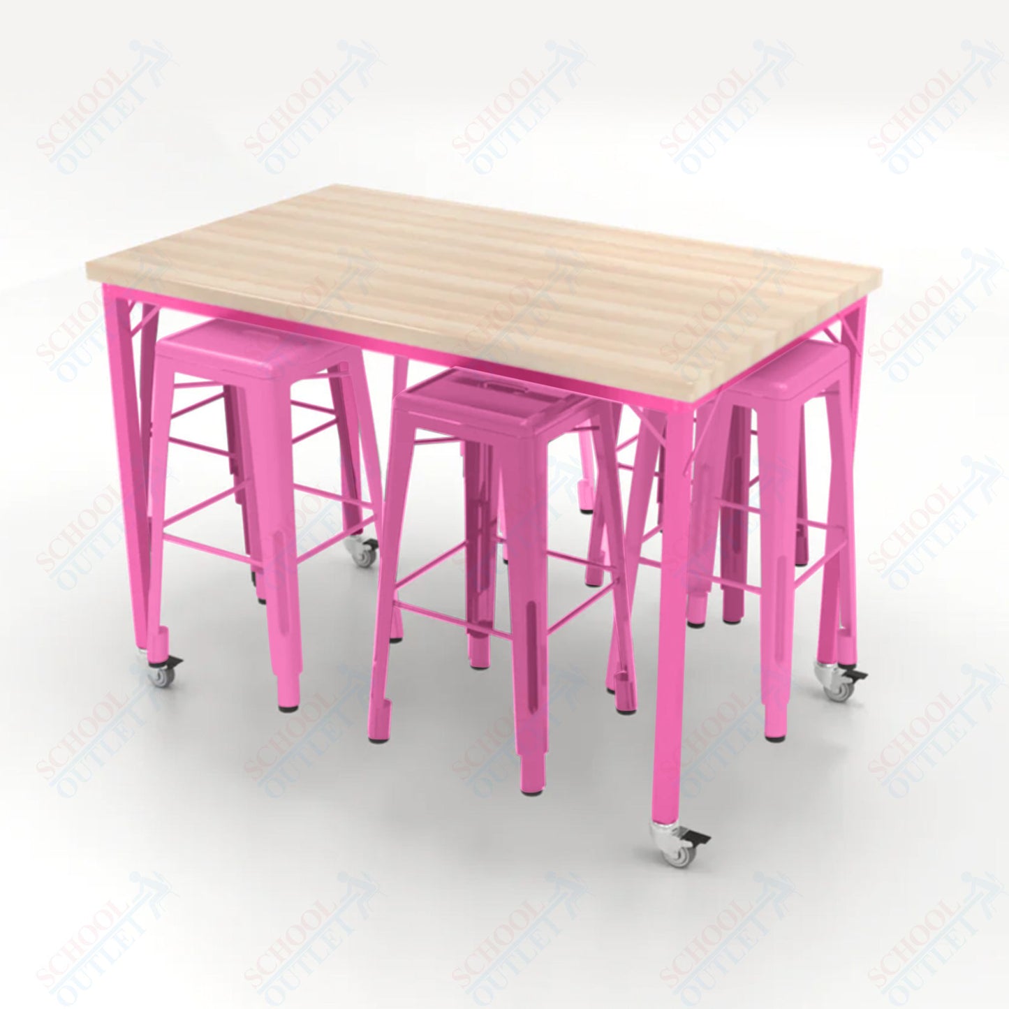 CEF Brainstorm Workbench 42"H with Butcher Block Top and Steel Frame, 6 Magnetic Metal Stools Included, for 6th Grade and Up - SchoolOutlet