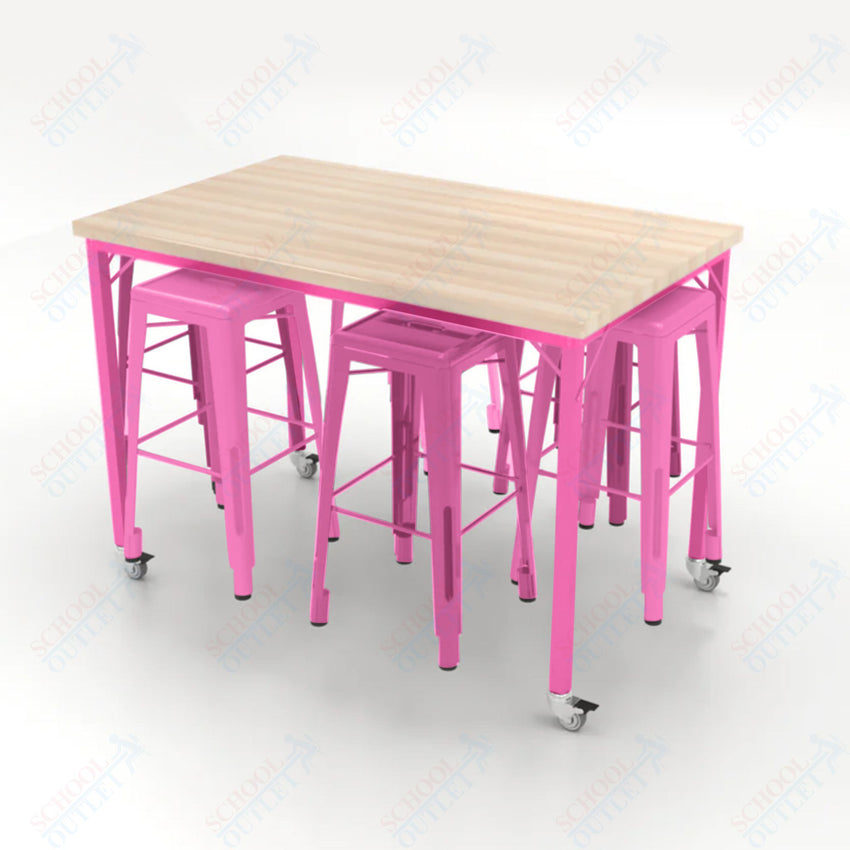 CEF Brainstorm Workbench 42"H with Butcher Block Top and Steel Frame, 6 Magnetic Metal Stools Included, for 6th Grade and Up - SchoolOutlet