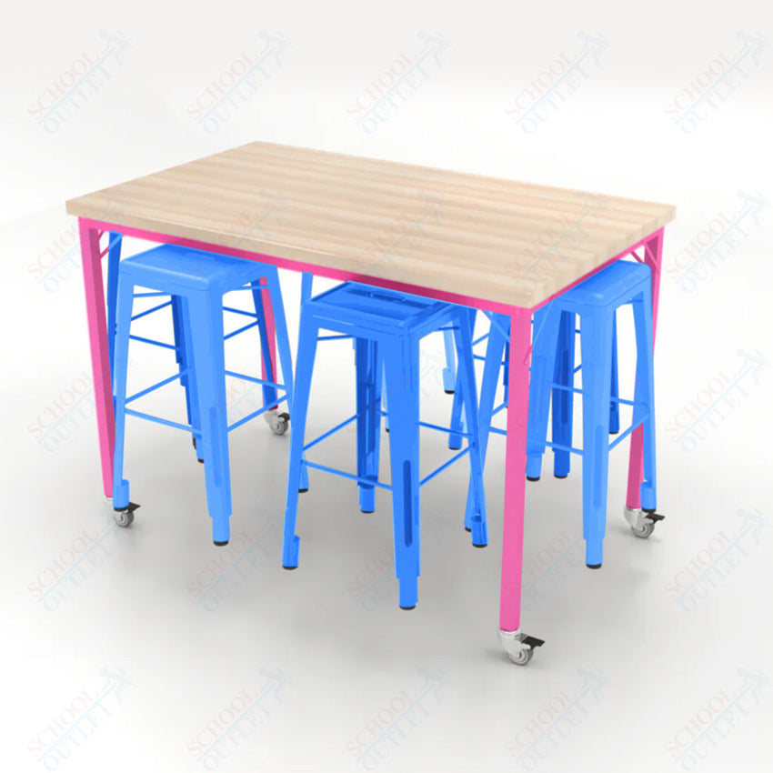 CEF Brainstorm Workbench 42"H with Butcher Block Top and Steel Frame, 6 Magnetic Metal Stools Included, for 6th Grade and Up - SchoolOutlet