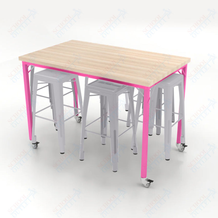 CEF Brainstorm Workbench 42"H with Butcher Block Top and Steel Frame, 6 Magnetic Metal Stools Included, for 6th Grade and Up - SchoolOutlet