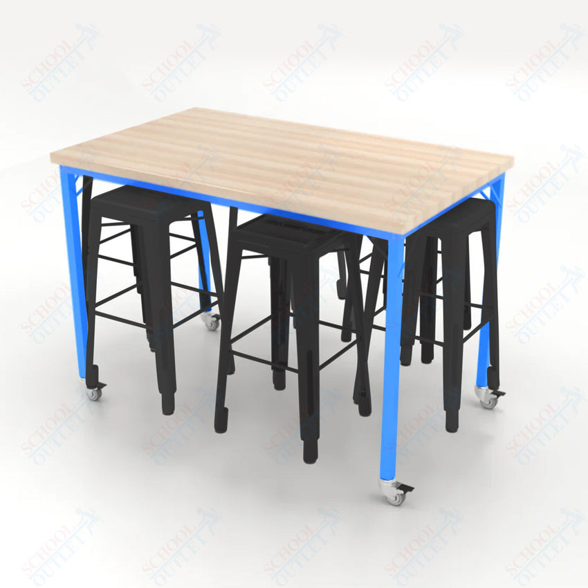 CEF Brainstorm Workbench 42"H with Butcher Block Top and Steel Frame, 6 Magnetic Metal Stools Included, for 6th Grade and Up - SchoolOutlet