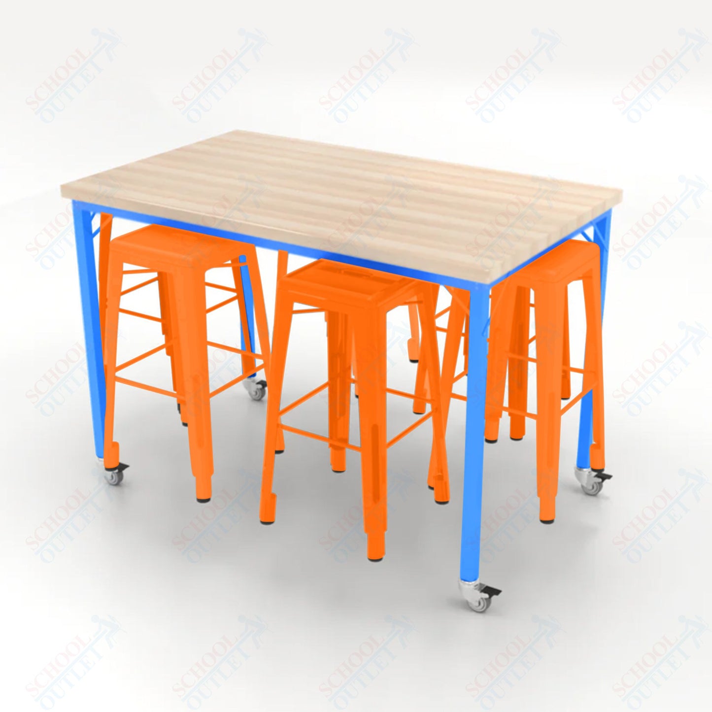 CEF Brainstorm Workbench 42"H with Butcher Block Top and Steel Frame, 6 Magnetic Metal Stools Included, for 6th Grade and Up - SchoolOutlet