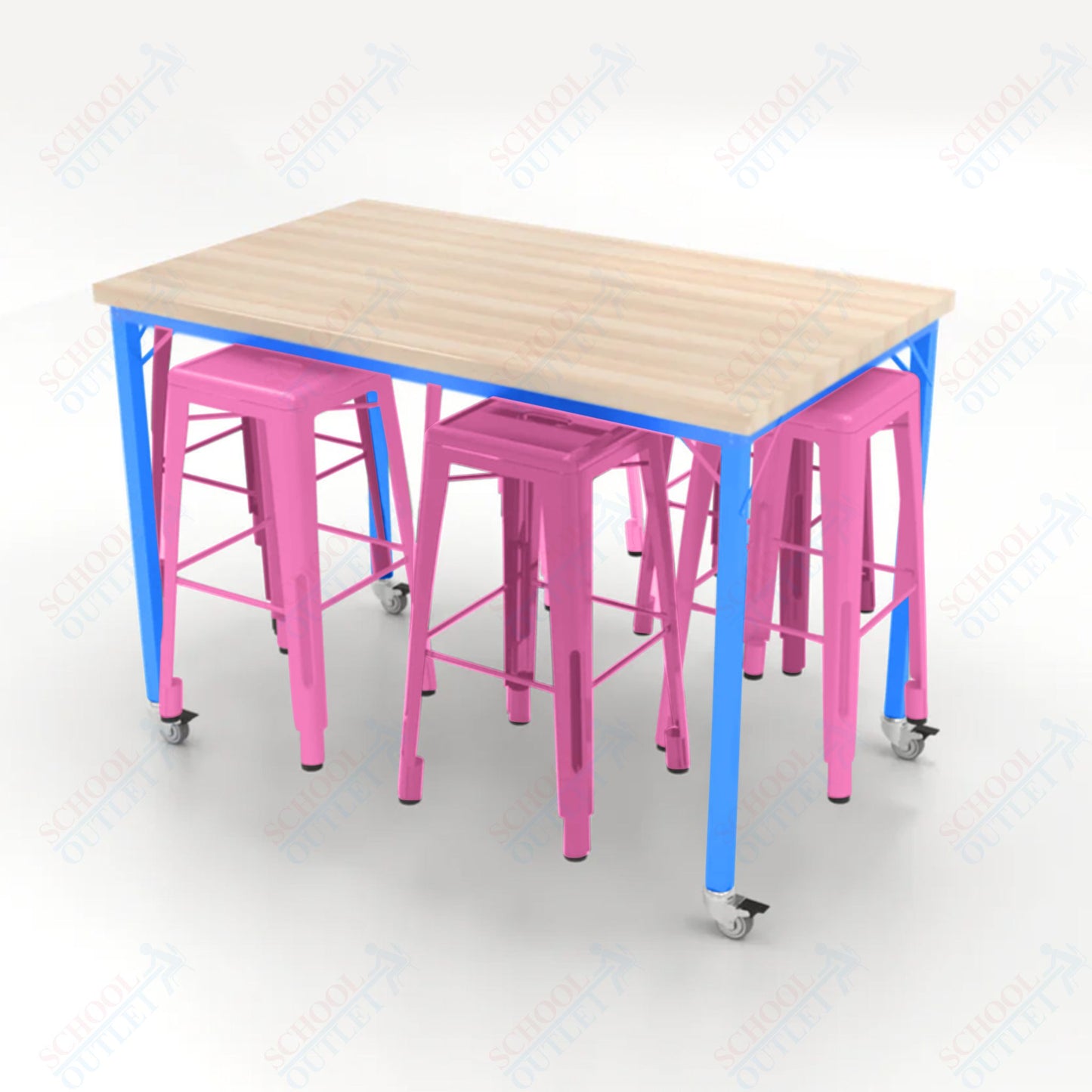CEF Brainstorm Workbench 42"H with Butcher Block Top and Steel Frame, 6 Magnetic Metal Stools Included, for 6th Grade and Up - SchoolOutlet