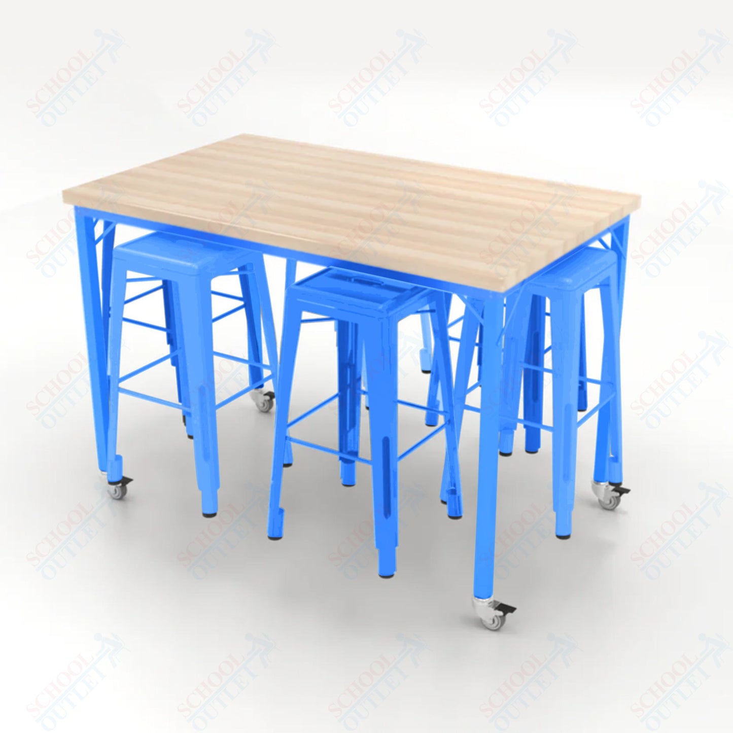 CEF Brainstorm Workbench 42"H with Butcher Block Top and Steel Frame, 6 Magnetic Metal Stools Included, for 6th Grade and Up - SchoolOutlet