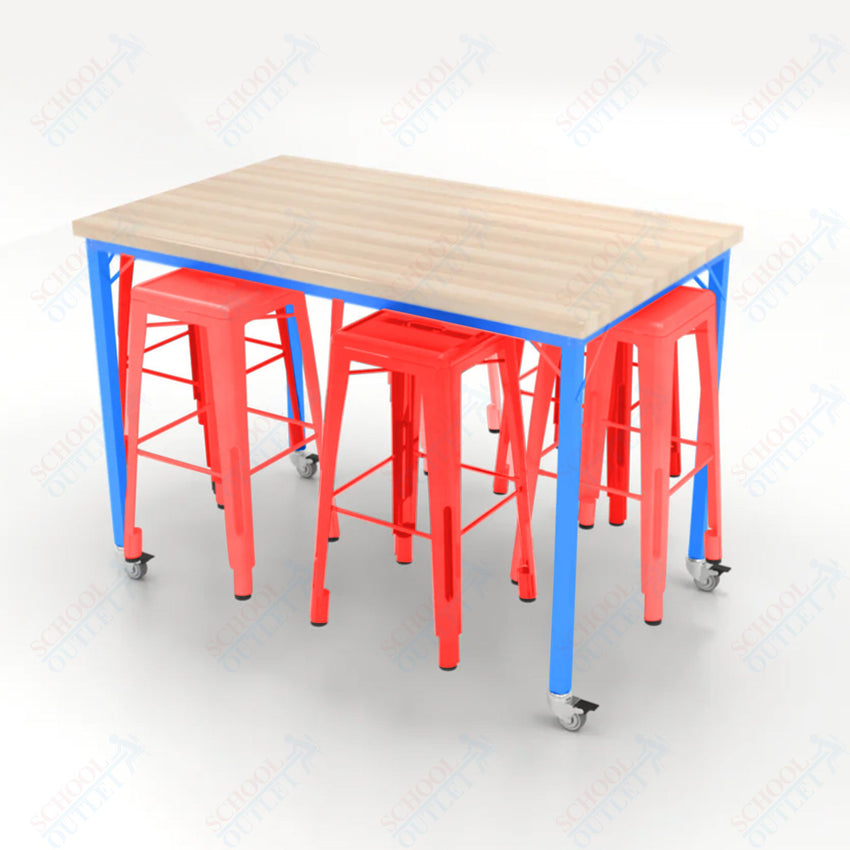 CEF Brainstorm Workbench 42"H with Butcher Block Top and Steel Frame, 6 Magnetic Metal Stools Included, for 6th Grade and Up - SchoolOutlet