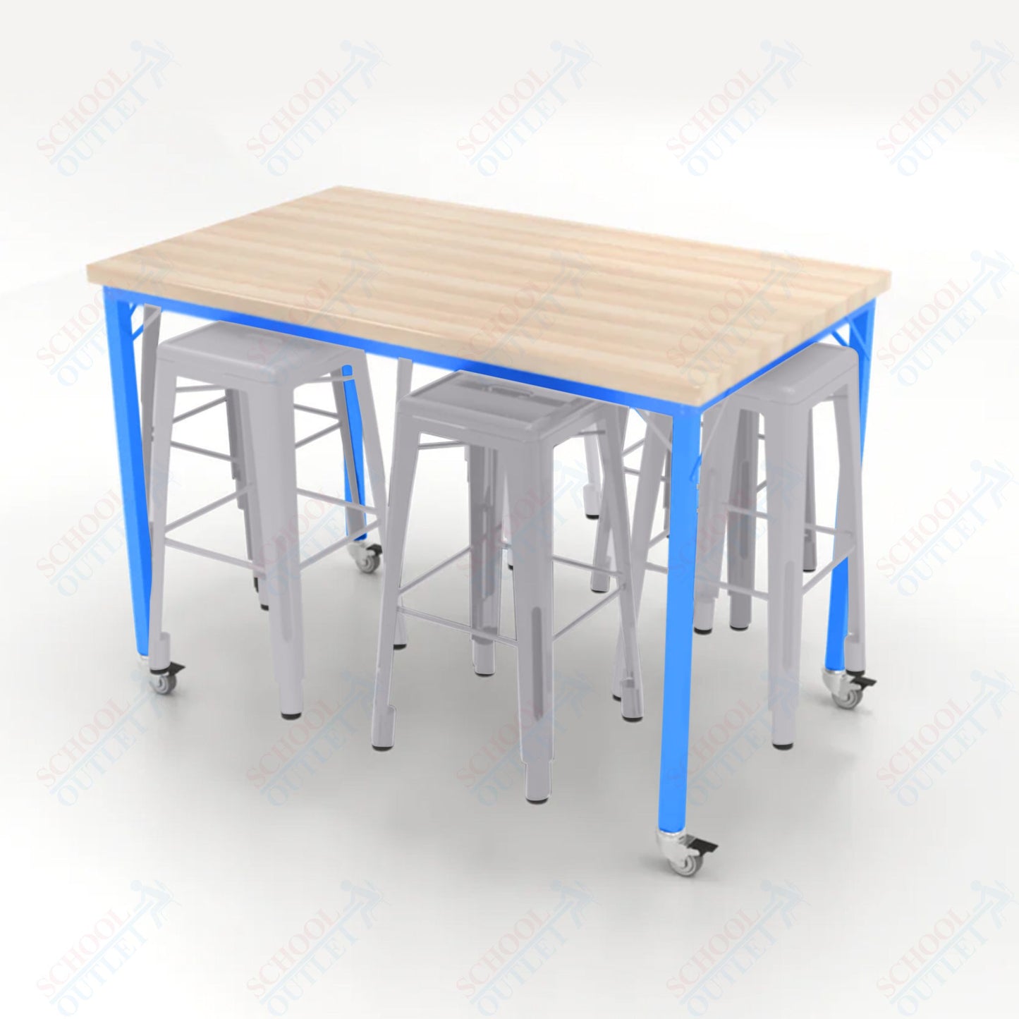 CEF Brainstorm Workbench 42"H with Butcher Block Top and Steel Frame, 6 Magnetic Metal Stools Included, for 6th Grade and Up - SchoolOutlet