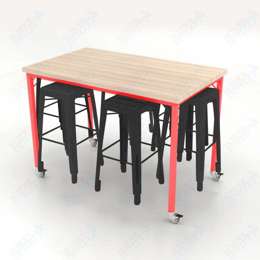 CEF Brainstorm Workbench 42"H with Butcher Block Top and Steel Frame, 6 Magnetic Metal Stools Included, for 6th Grade and Up - SchoolOutlet