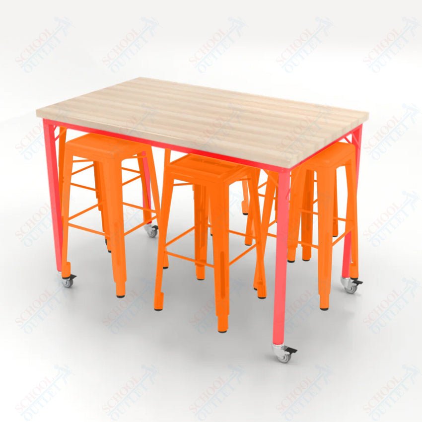 CEF Brainstorm Workbench 42"H with Butcher Block Top and Steel Frame, 6 Magnetic Metal Stools Included, for 6th Grade and Up - SchoolOutlet