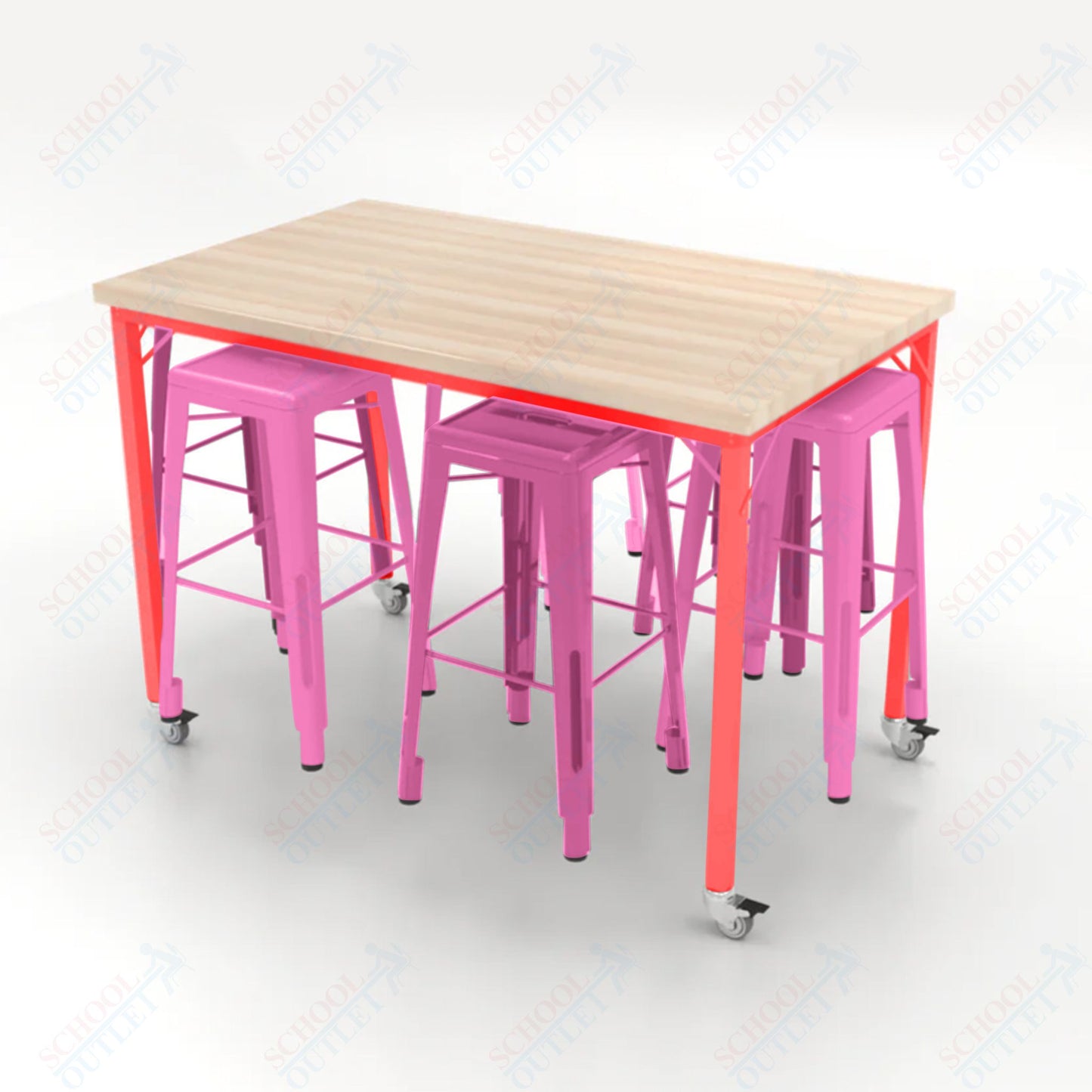 CEF Brainstorm Workbench 42"H with Butcher Block Top and Steel Frame, 6 Magnetic Metal Stools Included, for 6th Grade and Up - SchoolOutlet