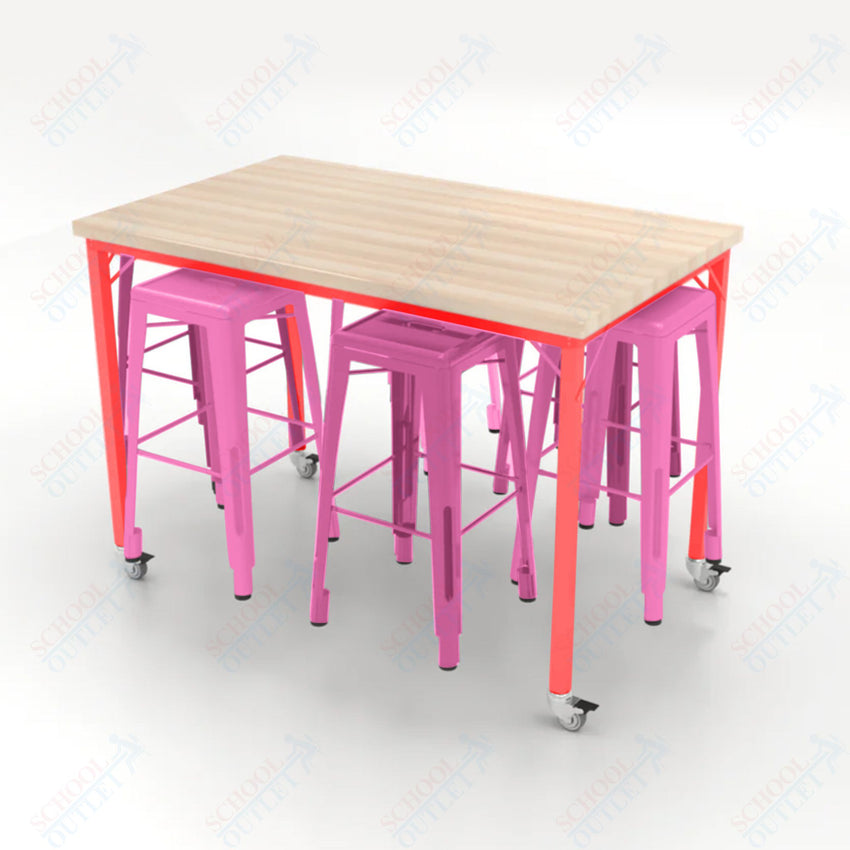 CEF Brainstorm Workbench 42"H with Butcher Block Top and Steel Frame, 6 Magnetic Metal Stools Included, for 6th Grade and Up - SchoolOutlet