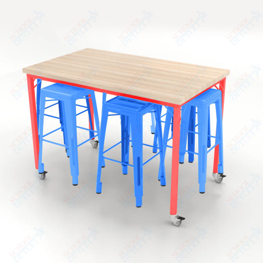 CEF Brainstorm Workbench 42"H with Butcher Block Top and Steel Frame, 6 Magnetic Metal Stools Included, for 6th Grade and Up - SchoolOutlet