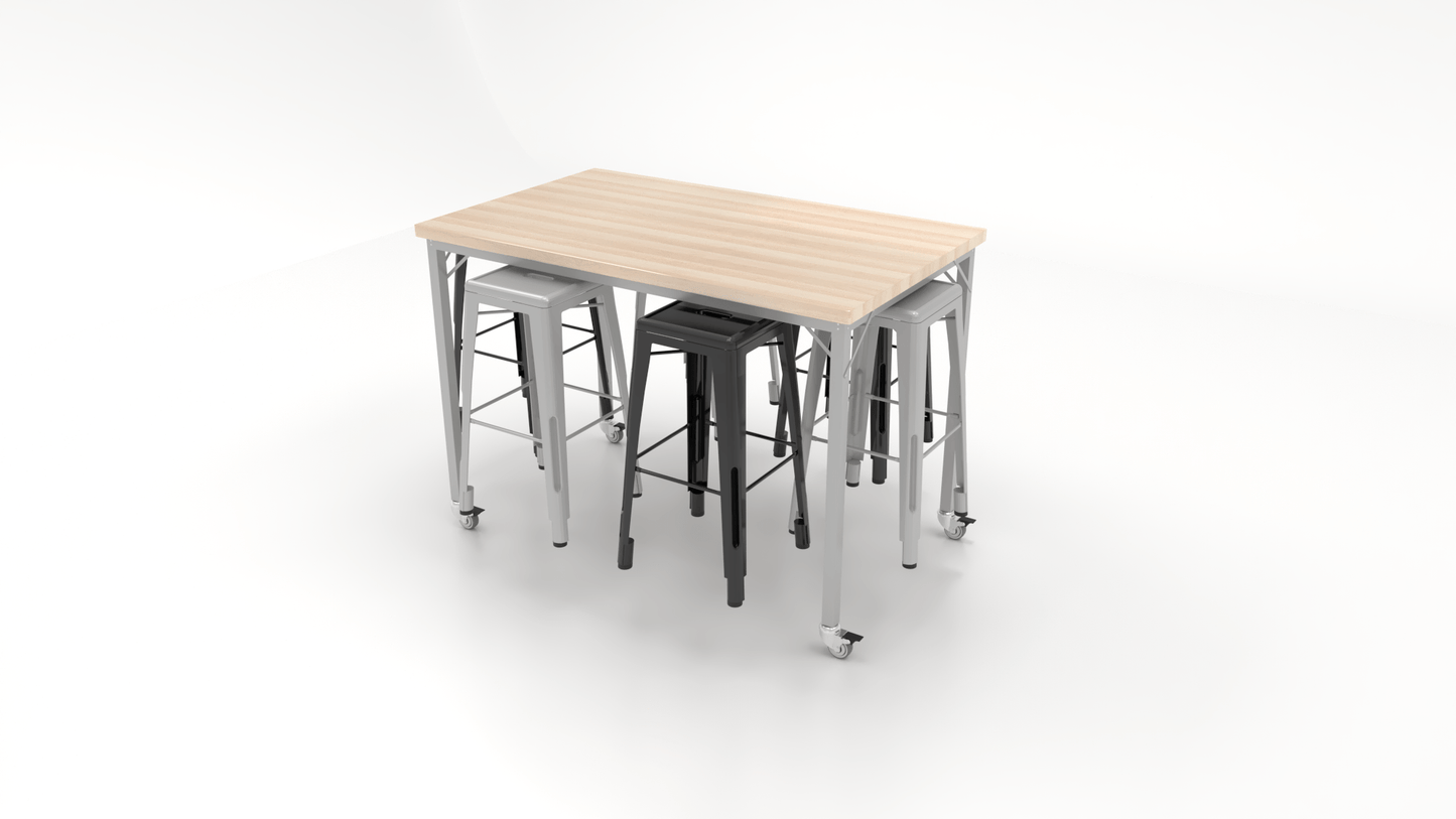 CEF Brainstorm Workbench 42"H with Butcher Block Top and Steel Frame, 6 Magnetic Metal Stools Included, for 6th Grade and Up - SchoolOutlet