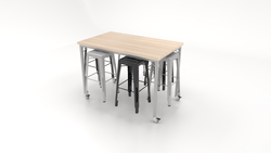 CEF Brainstorm Workbench 42"H with Butcher Block Top and Steel Frame, 6 Magnetic Metal Stools Included, for 6th Grade and Up