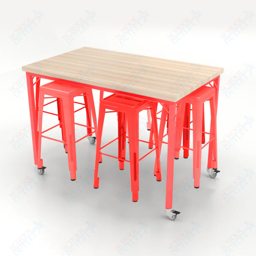 CEF Brainstorm Workbench 42"H with Butcher Block Top and Steel Frame, 6 Magnetic Metal Stools Included, for 6th Grade and Up - SchoolOutlet