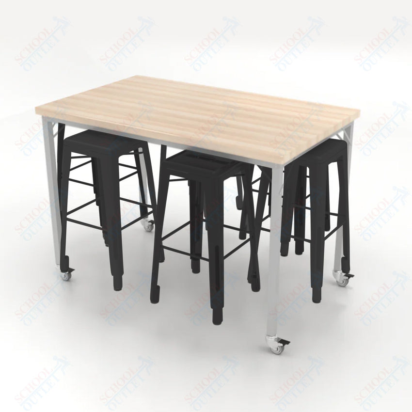 CEF Brainstorm Workbench 42"H with Butcher Block Top and Steel Frame, 6 Magnetic Metal Stools Included, for 6th Grade and Up - SchoolOutlet