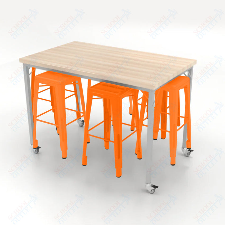 CEF Brainstorm Workbench 42"H with Butcher Block Top and Steel Frame, 6 Magnetic Metal Stools Included, for 6th Grade and Up - SchoolOutlet
