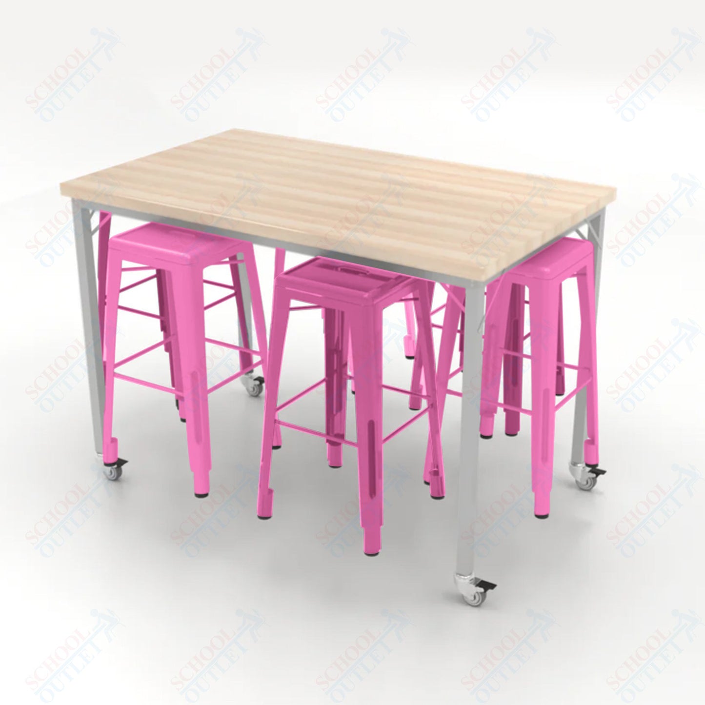 CEF Brainstorm Workbench 42"H with Butcher Block Top and Steel Frame, 6 Magnetic Metal Stools Included, for 6th Grade and Up - SchoolOutlet