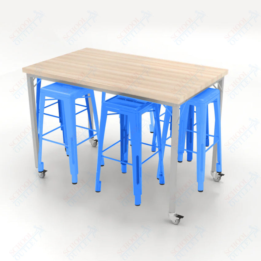 CEF Brainstorm Workbench 42"H with Butcher Block Top and Steel Frame, 6 Magnetic Metal Stools Included, for 6th Grade and Up - SchoolOutlet