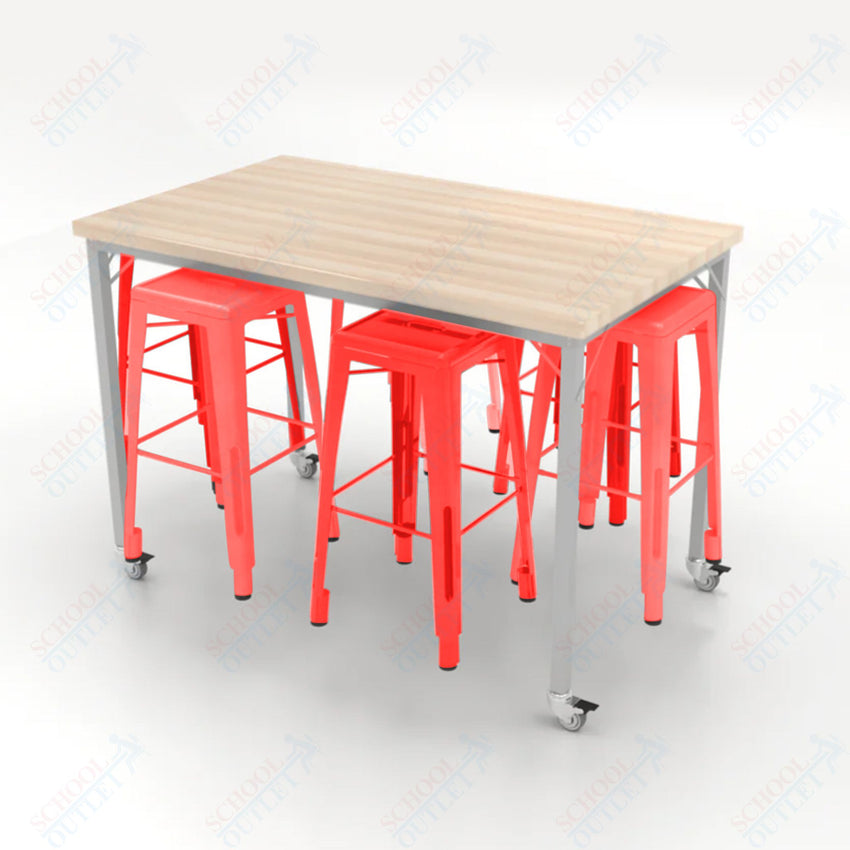 CEF Brainstorm Workbench 42"H with Butcher Block Top and Steel Frame, 6 Magnetic Metal Stools Included, for 6th Grade and Up - SchoolOutlet