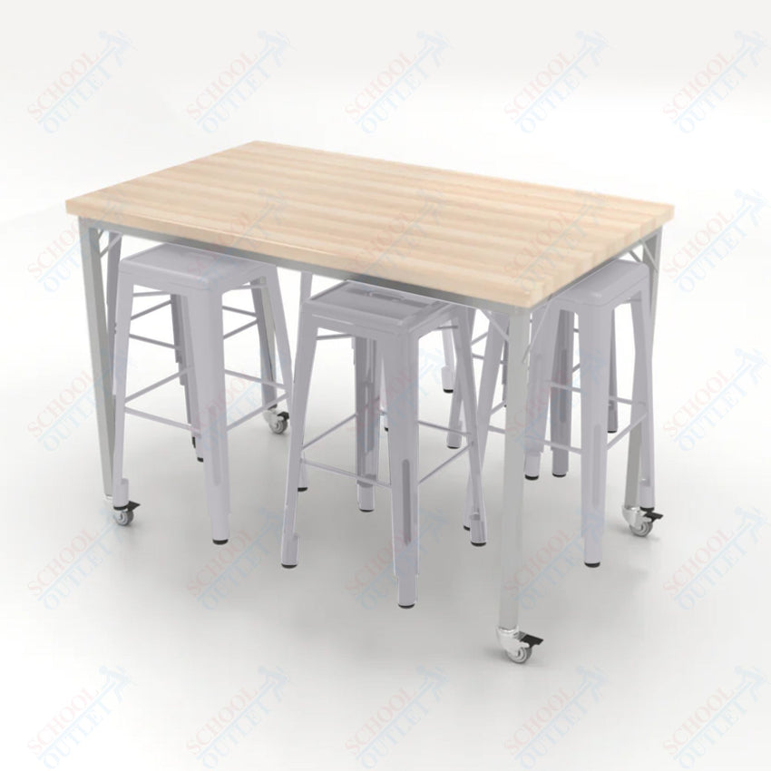 CEF Brainstorm Workbench 42"H with Butcher Block Top and Steel Frame, 6 Magnetic Metal Stools Included, for 6th Grade and Up - SchoolOutlet