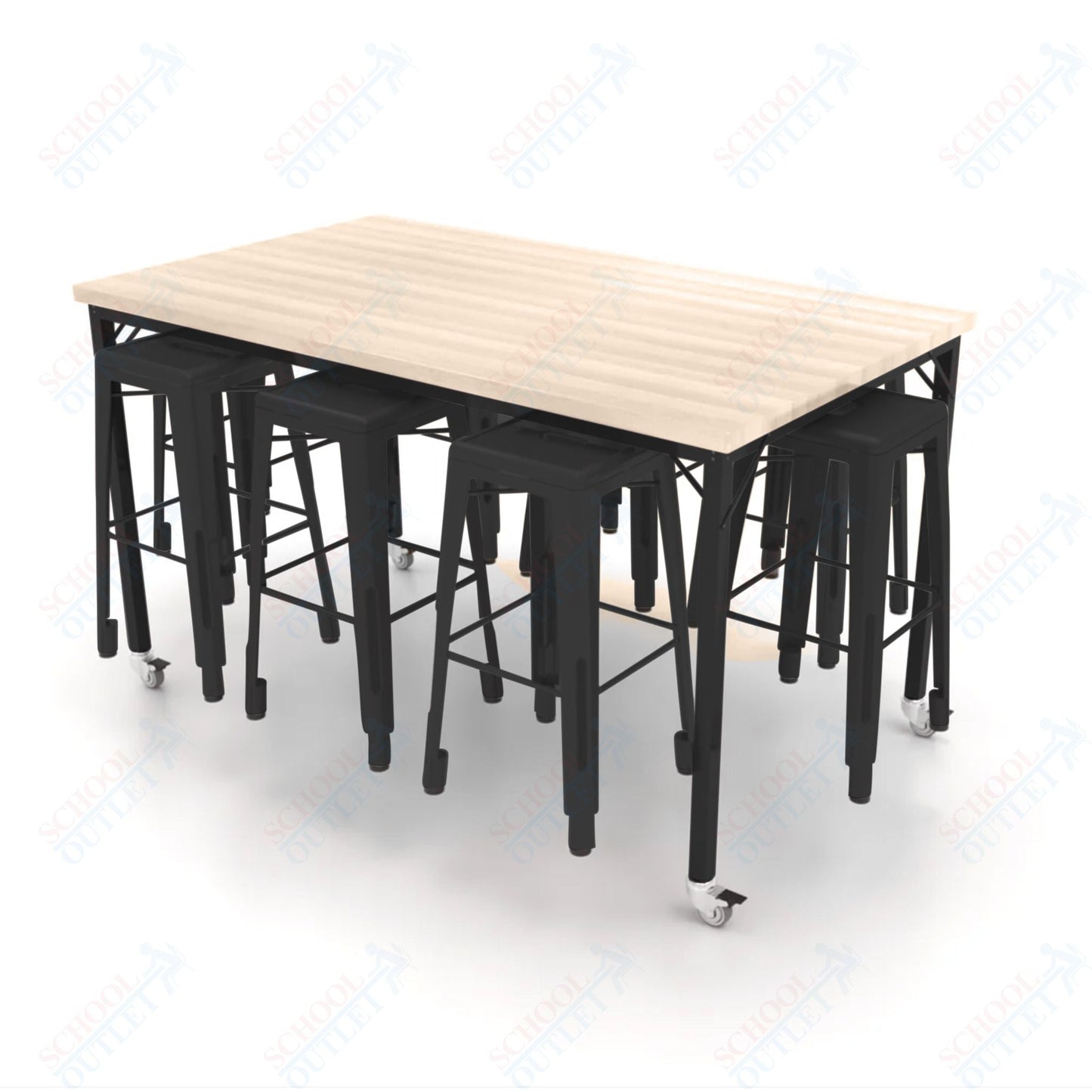 CEF Brainstorm Workbench 42"H with Butcher Block Top and Steel Frame, 8 Magnetic Metal Stools Included, for 6th Grade and Up - SchoolOutlet