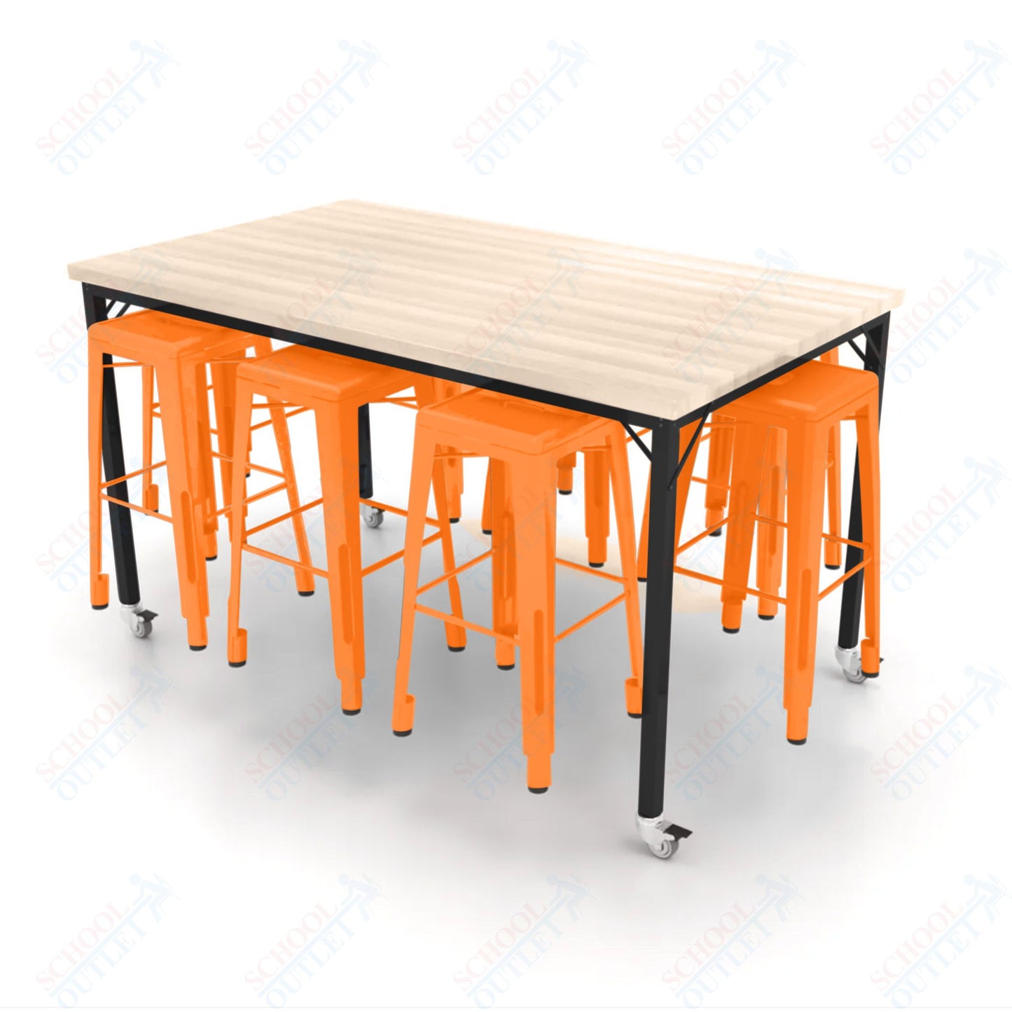 CEF Brainstorm Workbench 42"H with Butcher Block Top and Steel Frame, 8 Magnetic Metal Stools Included, for 6th Grade and Up - SchoolOutlet