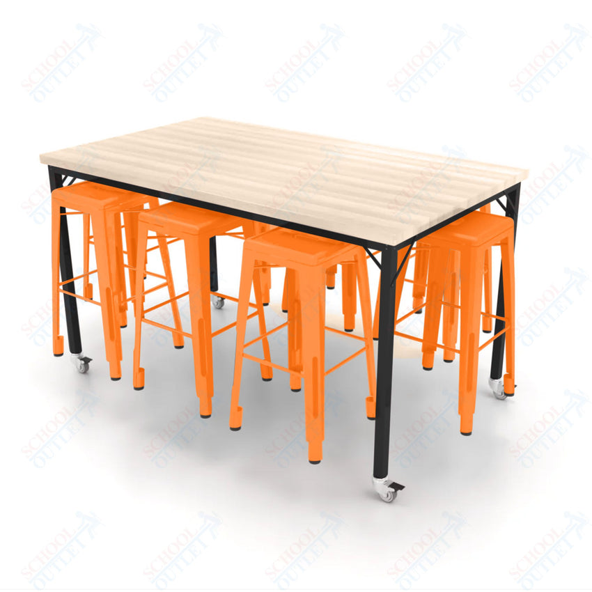 CEF Brainstorm Workbench 42"H with Butcher Block Top and Steel Frame, 8 Magnetic Metal Stools Included, for 6th Grade and Up - SchoolOutlet