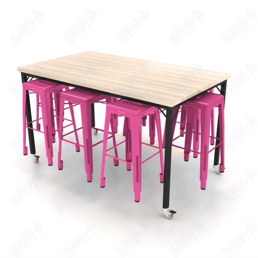 CEF Brainstorm Workbench 42"H with Butcher Block Top and Steel Frame, 8 Magnetic Metal Stools Included, for 6th Grade and Up - SchoolOutlet
