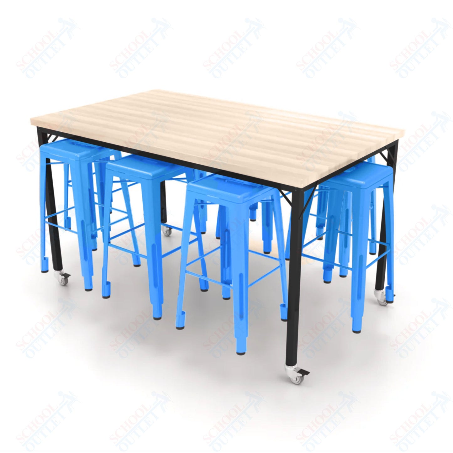 CEF Brainstorm Workbench 42"H with Butcher Block Top and Steel Frame, 8 Magnetic Metal Stools Included, for 6th Grade and Up - SchoolOutlet
