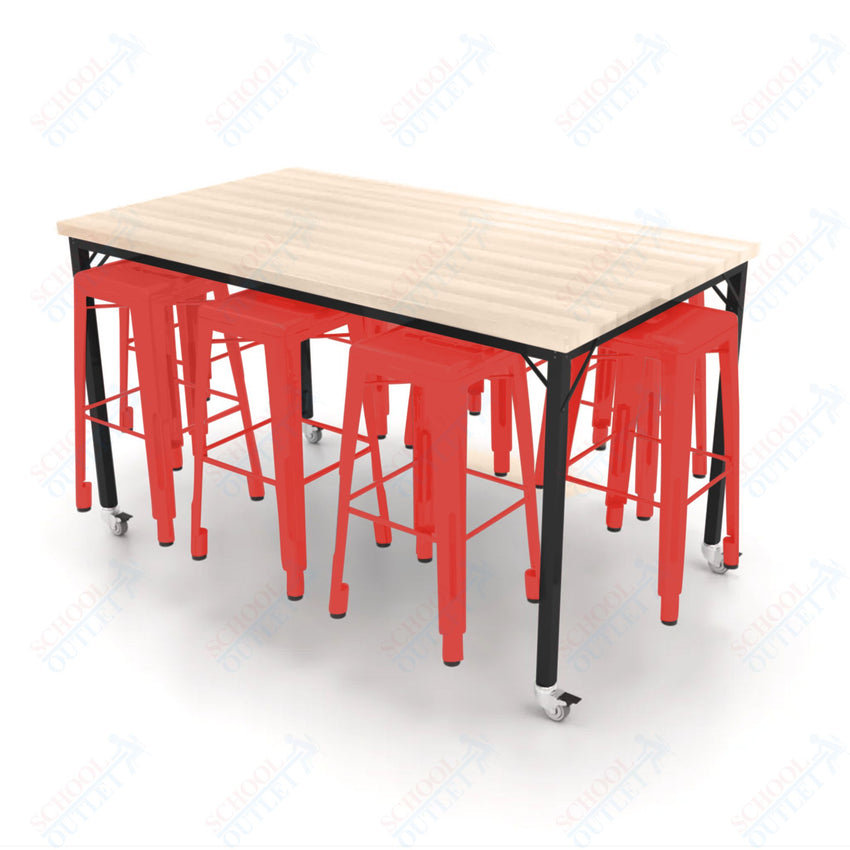 CEF Brainstorm Workbench 42"H with Butcher Block Top and Steel Frame, 8 Magnetic Metal Stools Included, for 6th Grade and Up - SchoolOutlet