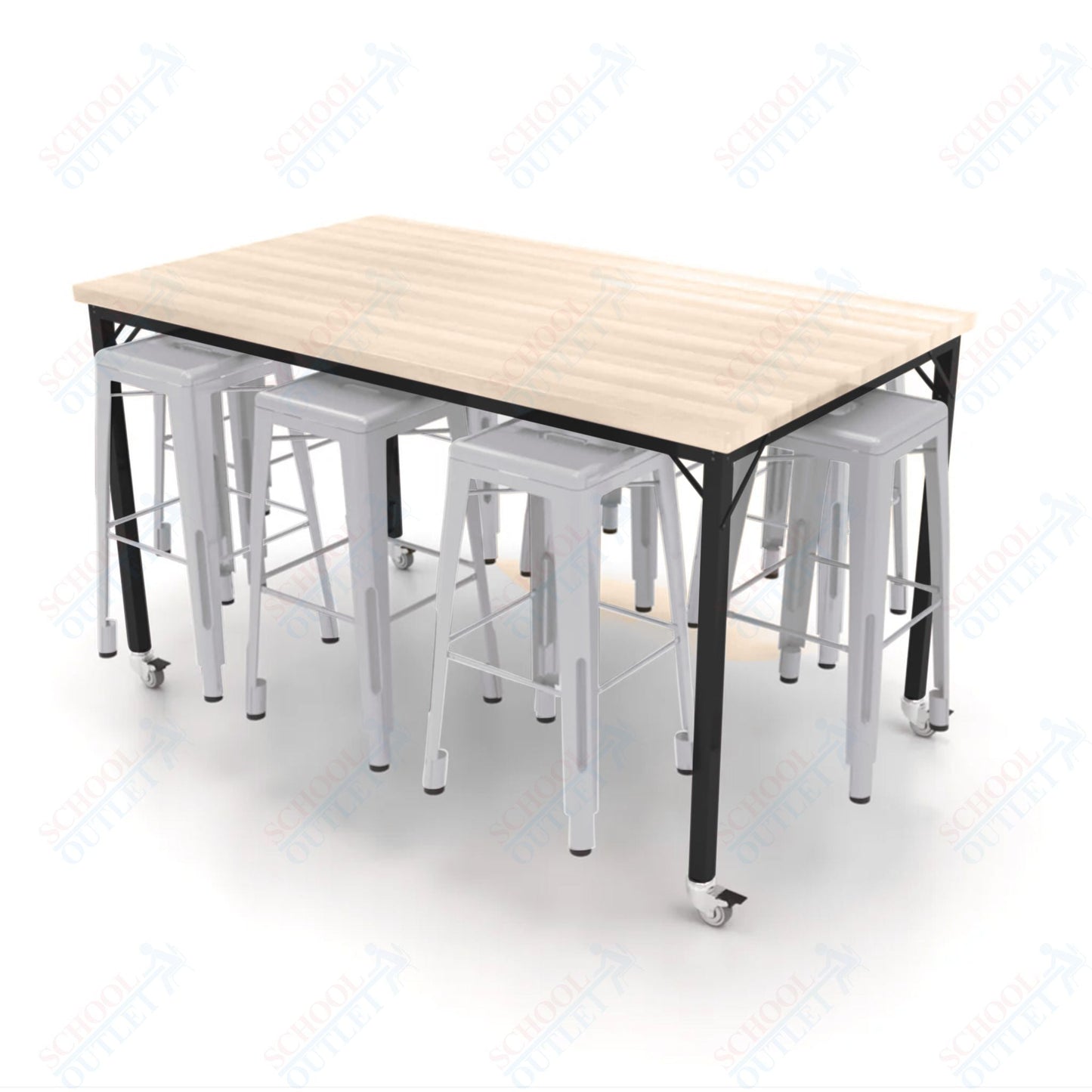 CEF Brainstorm Workbench 42"H with Butcher Block Top and Steel Frame, 8 Magnetic Metal Stools Included, for 6th Grade and Up - SchoolOutlet