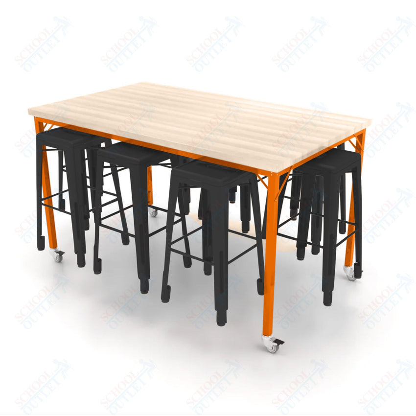 CEF Brainstorm Workbench 42"H with Butcher Block Top and Steel Frame, 8 Magnetic Metal Stools Included, for 6th Grade and Up - SchoolOutlet