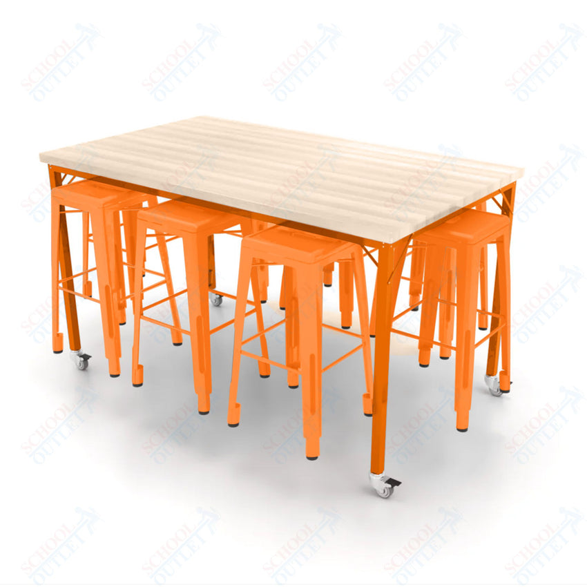 CEF Brainstorm Workbench 42"H with Butcher Block Top and Steel Frame, 8 Magnetic Metal Stools Included, for 6th Grade and Up - SchoolOutlet