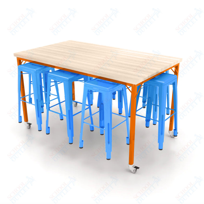 CEF Brainstorm Workbench 42"H with Butcher Block Top and Steel Frame, 8 Magnetic Metal Stools Included, for 6th Grade and Up - SchoolOutlet