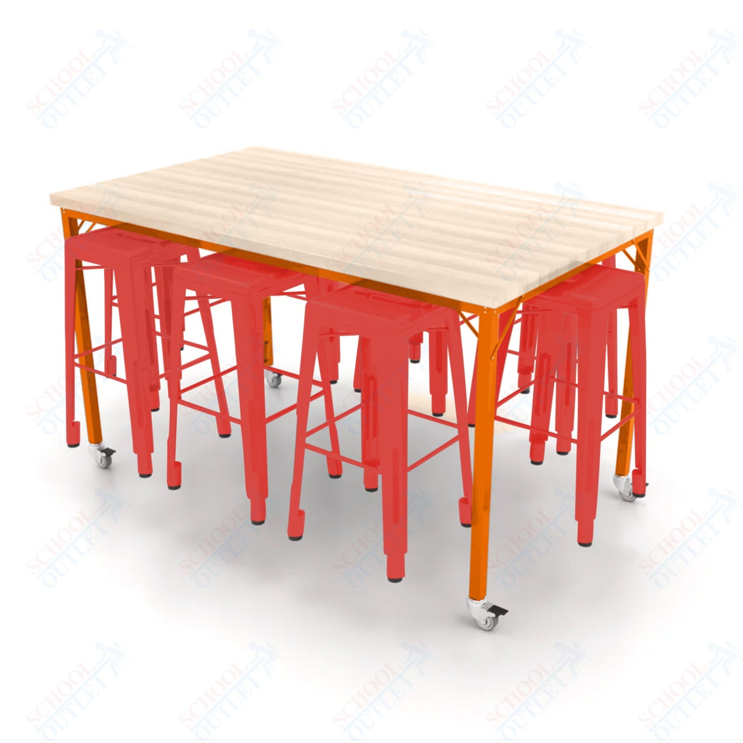 CEF Brainstorm Workbench 42"H with Butcher Block Top and Steel Frame, 8 Magnetic Metal Stools Included, for 6th Grade and Up - SchoolOutlet