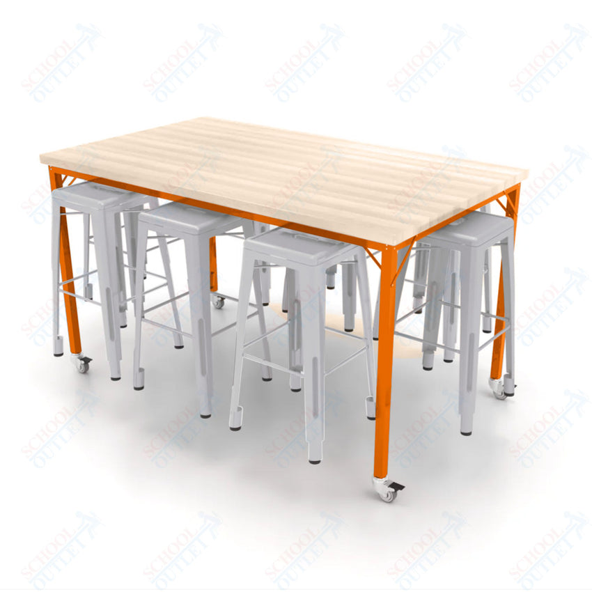CEF Brainstorm Workbench 42"H with Butcher Block Top and Steel Frame, 8 Magnetic Metal Stools Included, for 6th Grade and Up - SchoolOutlet